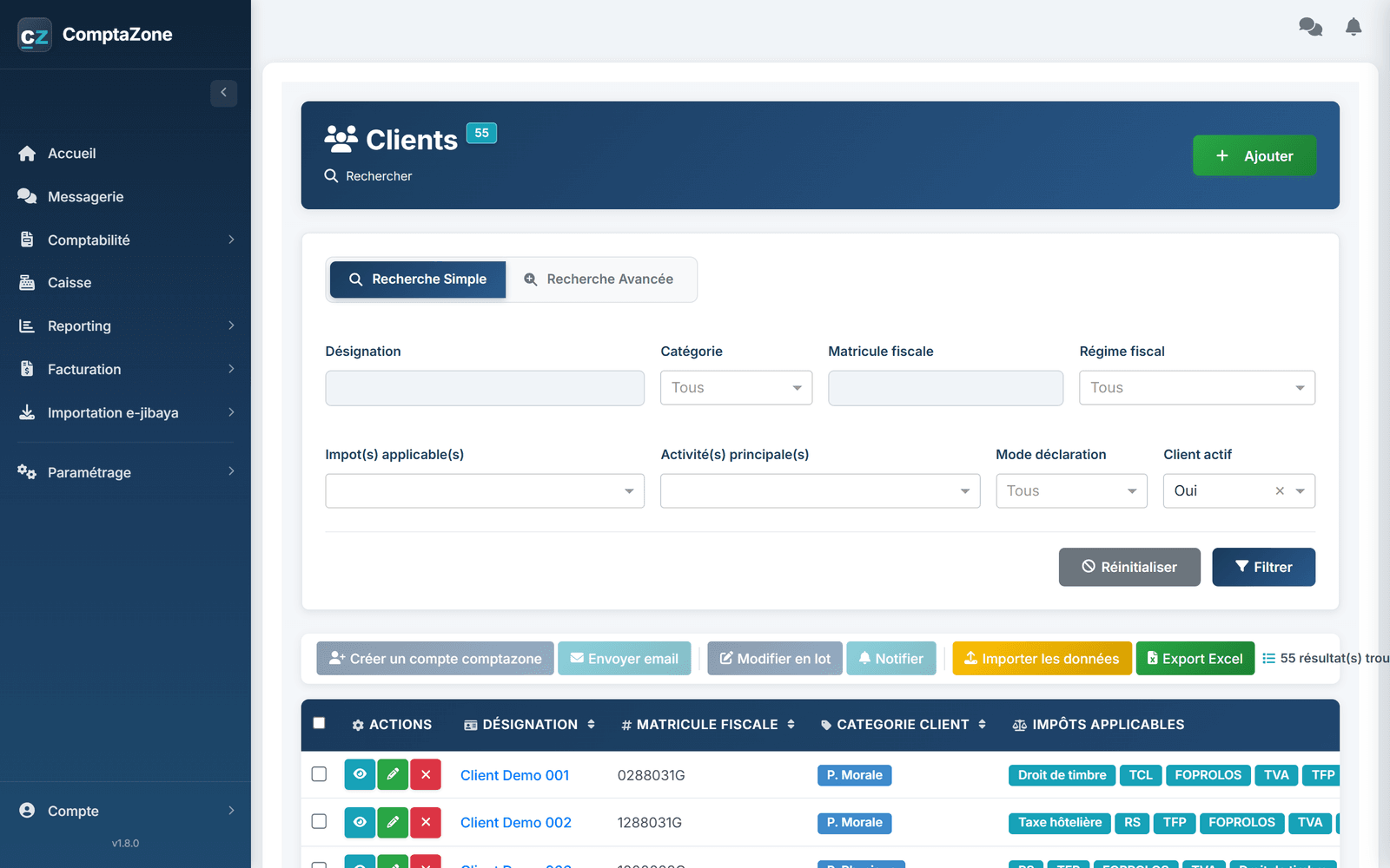 Gestion des fiches clients d'un cabinet comptable dans ComptaZone : matricule fiscal, catégorie et impôts applicables par client